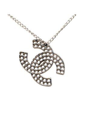 Chanel CC Logo Perforated Chain Pendant Necklace Silver Metal